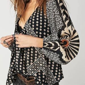 Free People Bohemian Black and Cream Women's Top